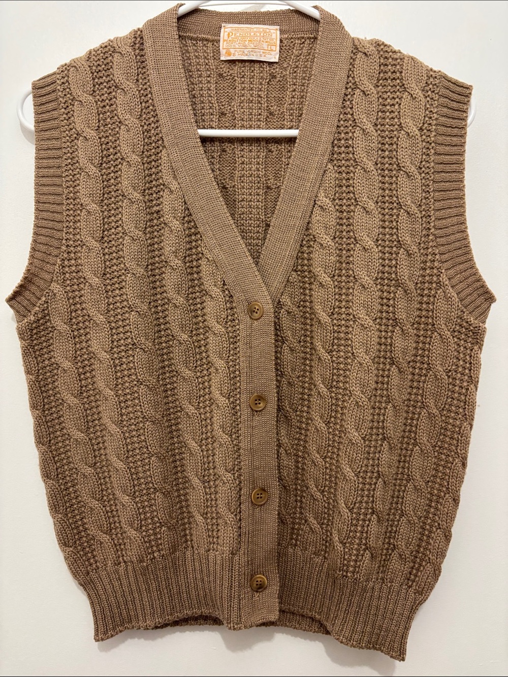 Vintage Pendleton Brown Cable-Knit Button Front Sweater Vest Sz L